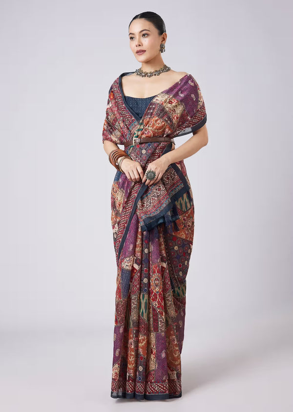 Blue Block Printed Saree