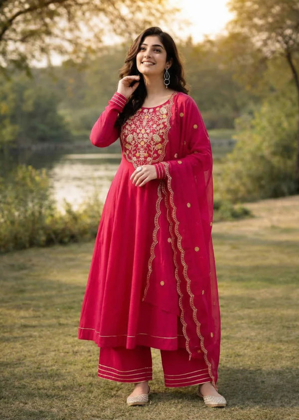 Rani Cotton Embroidered Anarkali Suit Set